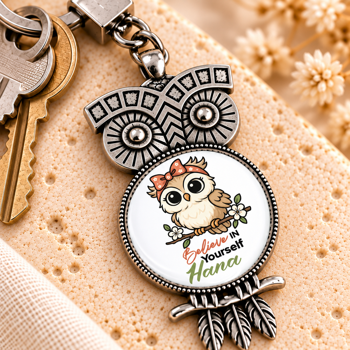 Vintage Glass Dome Metal Keychain | Ornate Owl Shape
