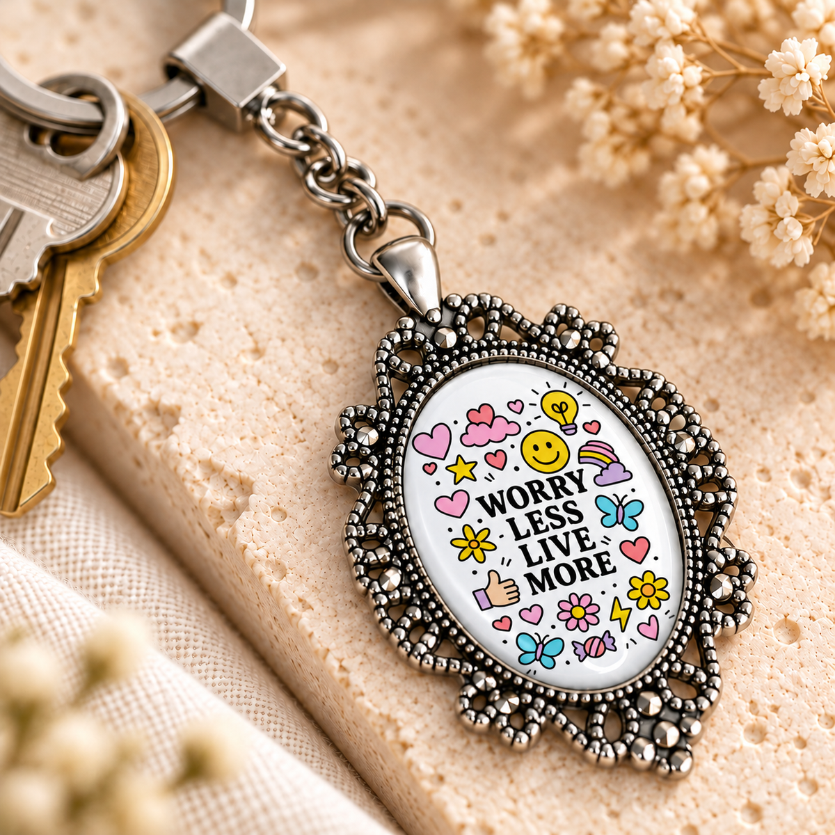 Motivational Doodle Glass Dome Keychain | Ornate Oval Metal Frame