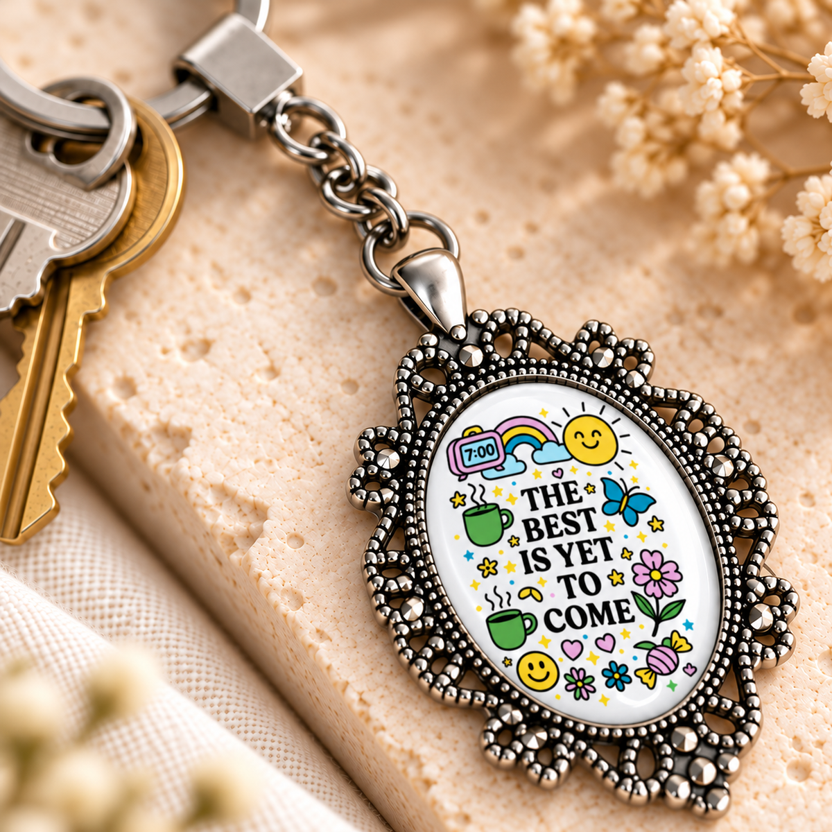 Motivational Doodle Glass Dome Keychain | Ornate Oval Metal Frame