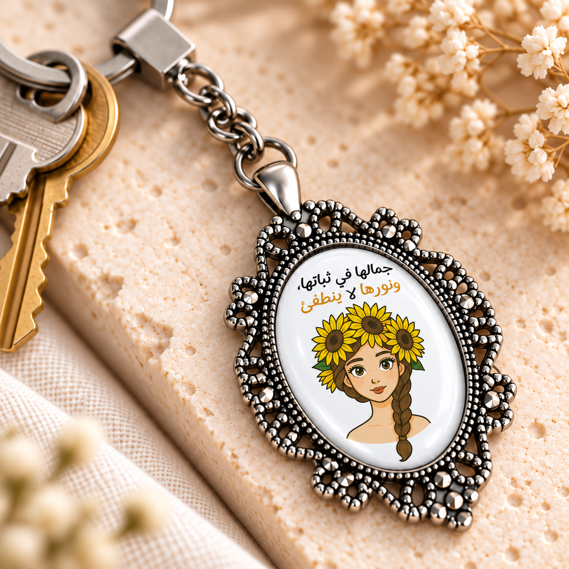 Motivational Sunflower Glass Dome Keychain | Ornate Oval Metal Frame