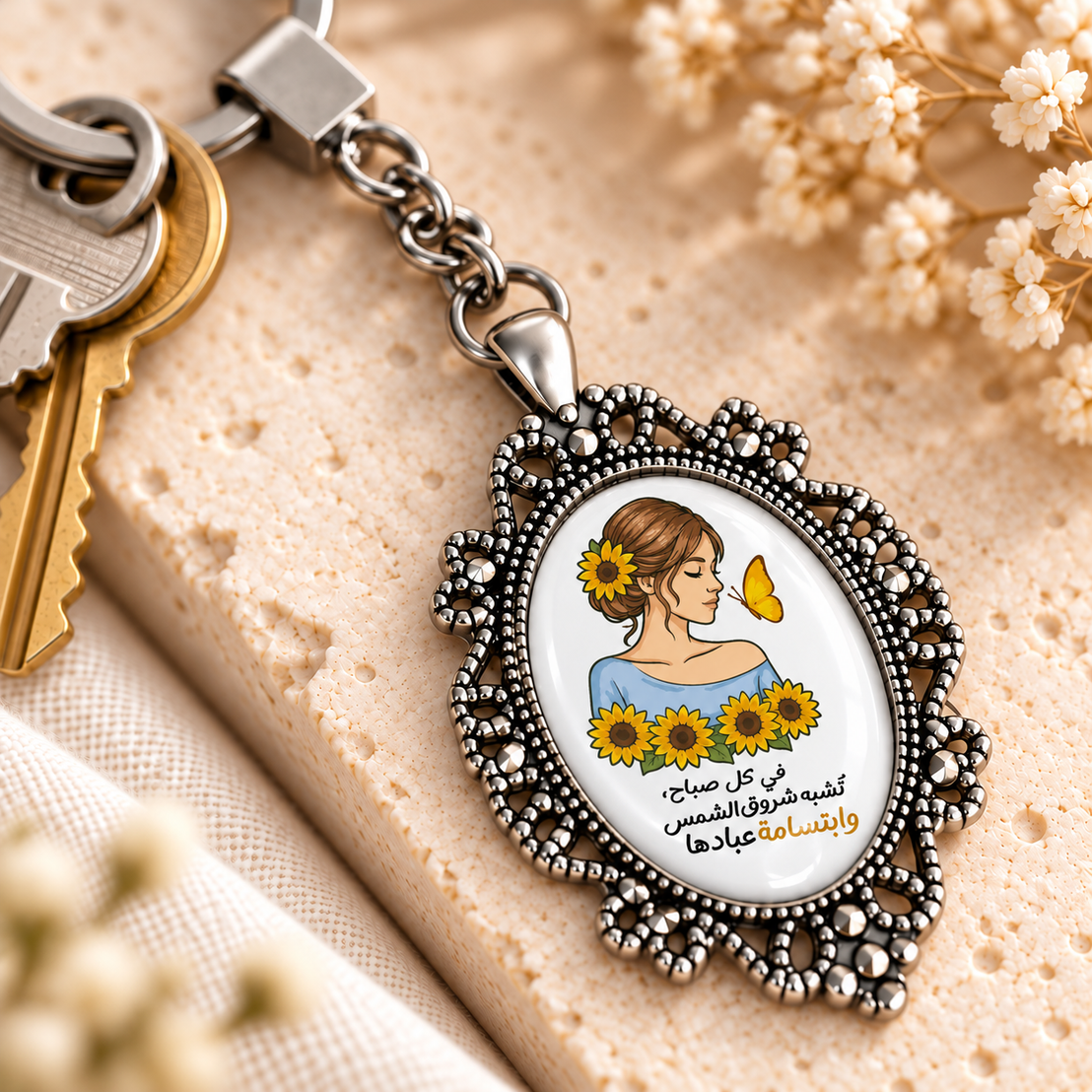 Motivational Sunflower Glass Dome Keychain | Ornate Oval Metal Frame