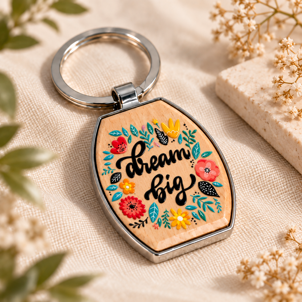Motivational Wood & Metal Key Fob – Raised UV Printed Designs