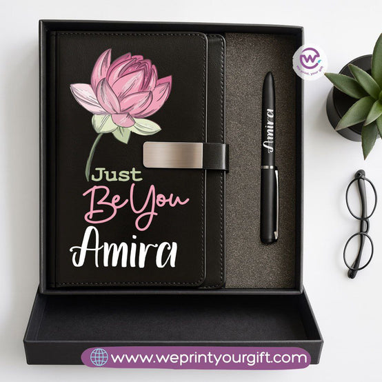 Personalized Leather Notebook & Engraved Pen Gift Box – Motivational Design with Name