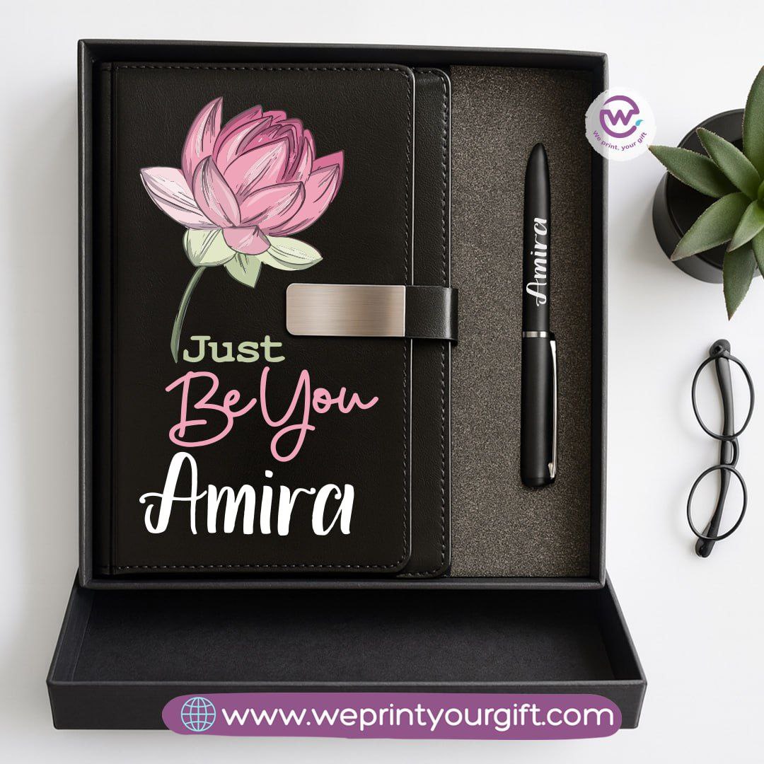 Personalized Leather Notebook & Engraved Pen Gift Box – Motivational Design with Name