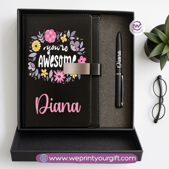 Motivational Personalized Gift Box – Custom Name Leather Notebook & Engraved Pen