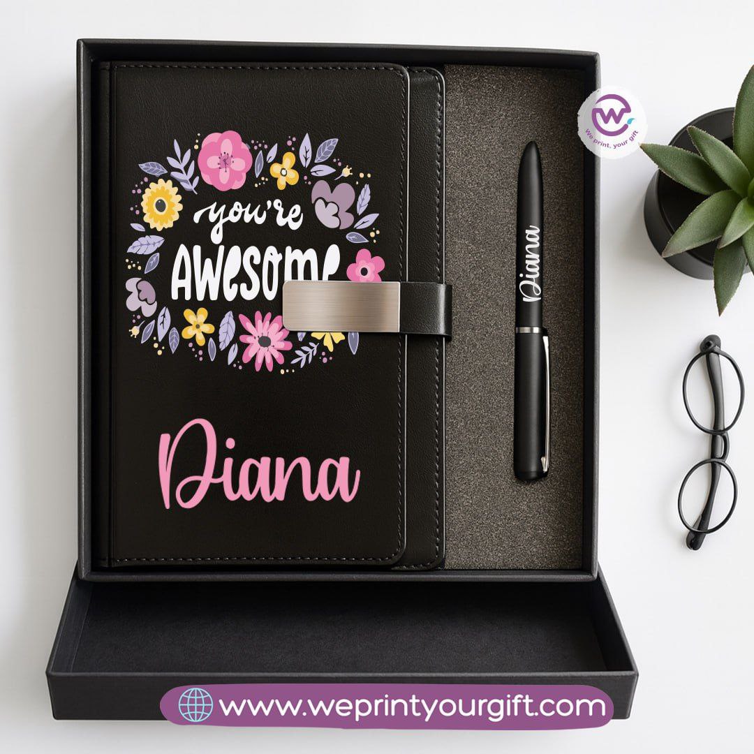 Motivational Personalized Gift Box – Custom Name Leather Notebook & Engraved Pen