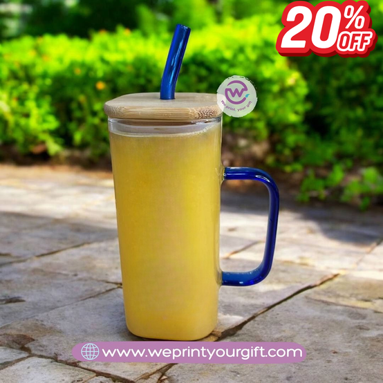 Glass Mug with Glass Straw & Wooden Lid - Ramadan Offer - 20 % Discount