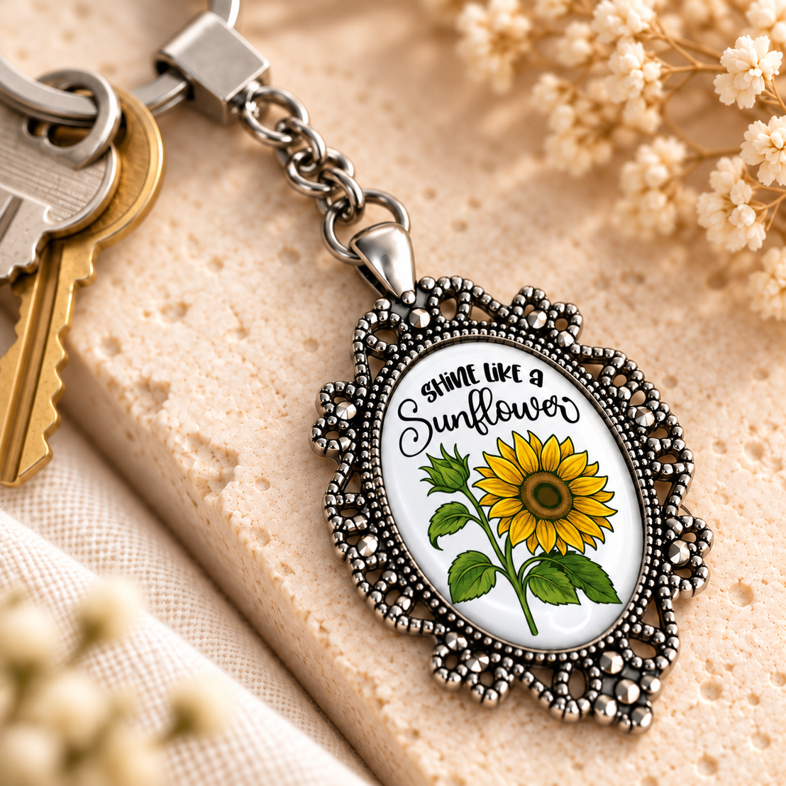 Sunflower Glass Dome Keychain | Ornate Oval Metal Frame