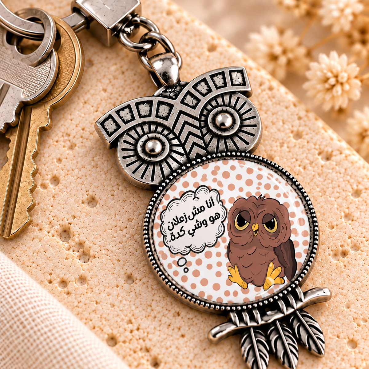 Cute Owl Glass Dome Metal Keychain | Ornate Frame