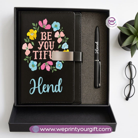 Motivational Personalized Gift Box – Custom Name Leather Notebook & Engraved Pen