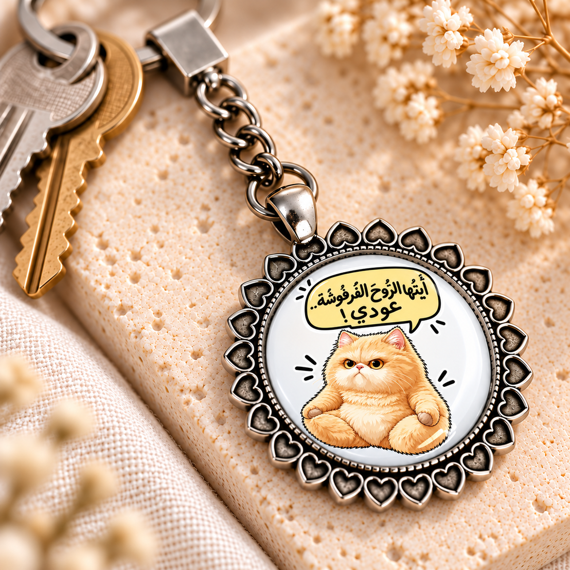 Naughty Cat Comic Glass Dome Keychain | Ornate Heart Border Frame