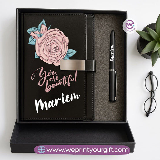 Personalized Leather Notebook & Engraved Pen Gift Box – Motivational Design with Name