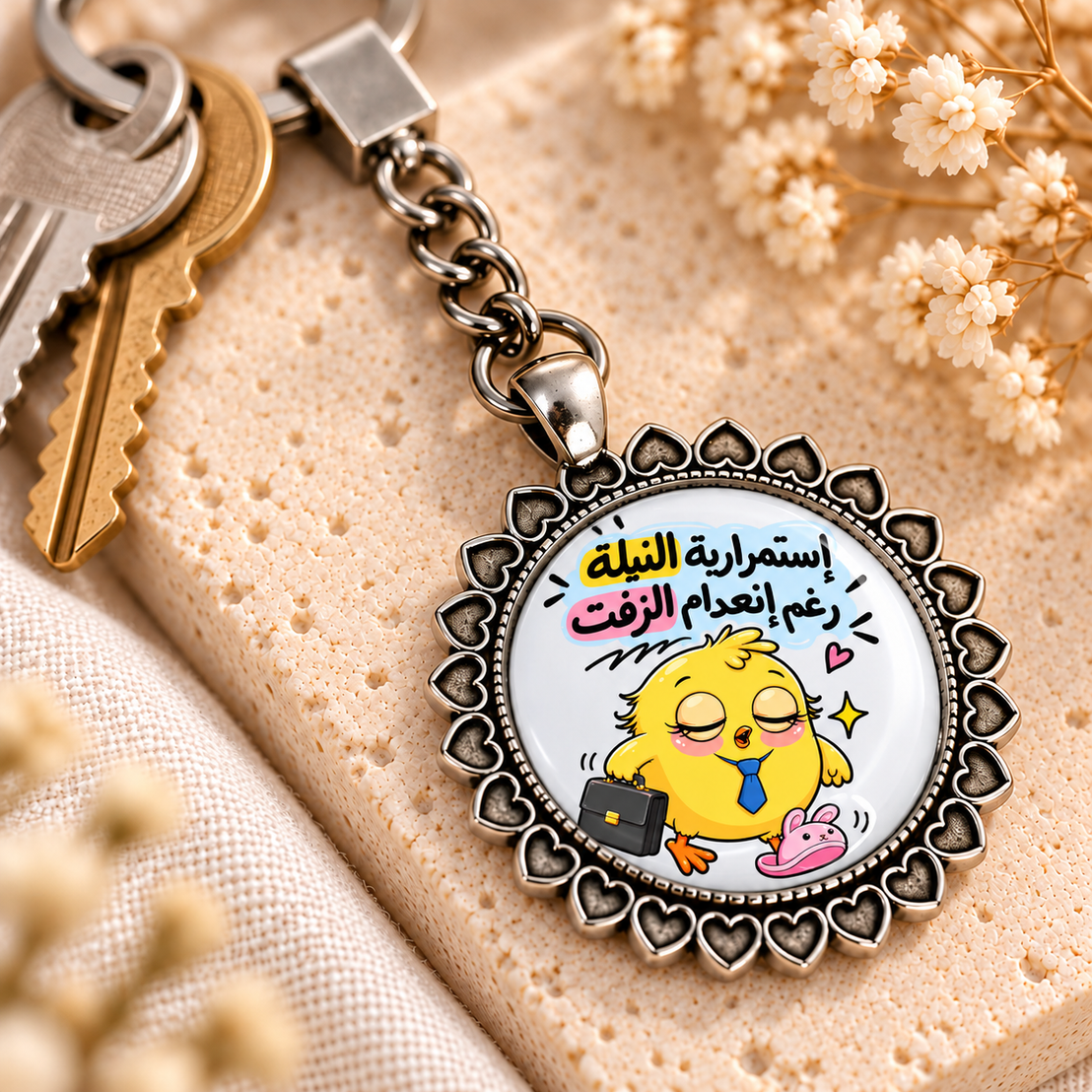 Funny Work Chick Glass Dome Keychain | Ornate Heart Border Frame
