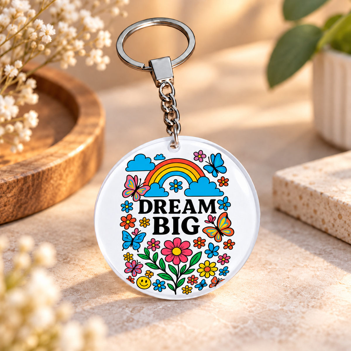 Motivational Icons Clear Acrylic Keychain | Single-Sided Print (Round / Rectangle)