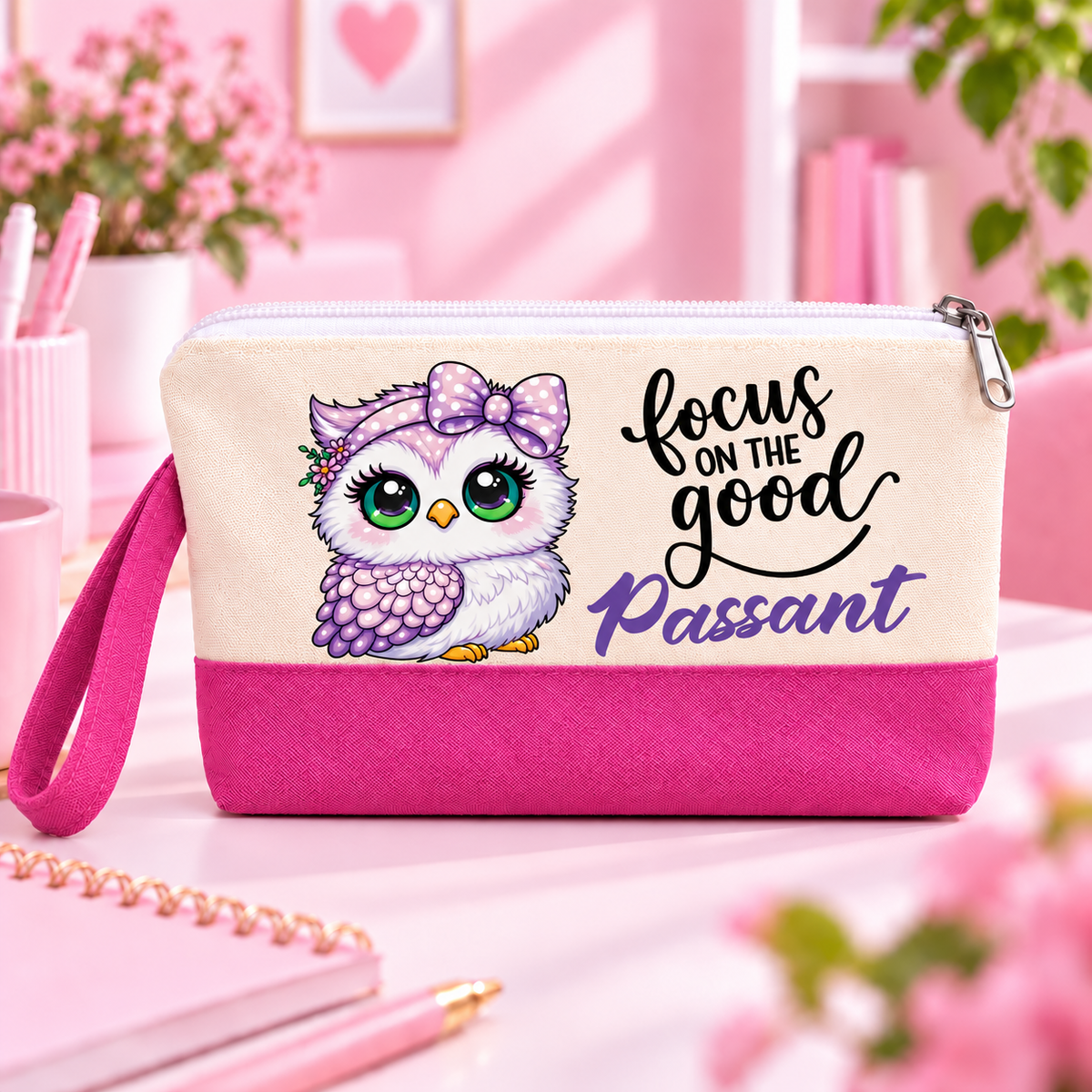 Cute Owl Two-Tone Canvas Pencil Case & Makeup Pouch | With Side Handle