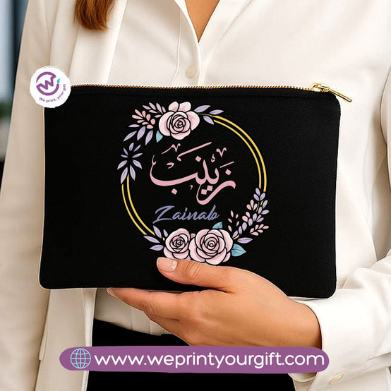 Personalized Floral Name Makeup Bag & Pencil Case – Elegant Cotton Pouch
