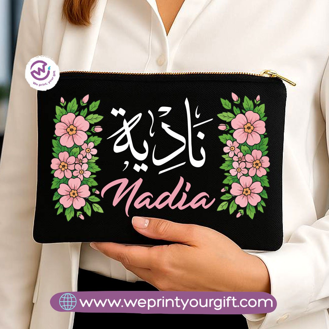 Personalized Floral Name Makeup Bag & Pencil Case – Elegant Cotton Pouch