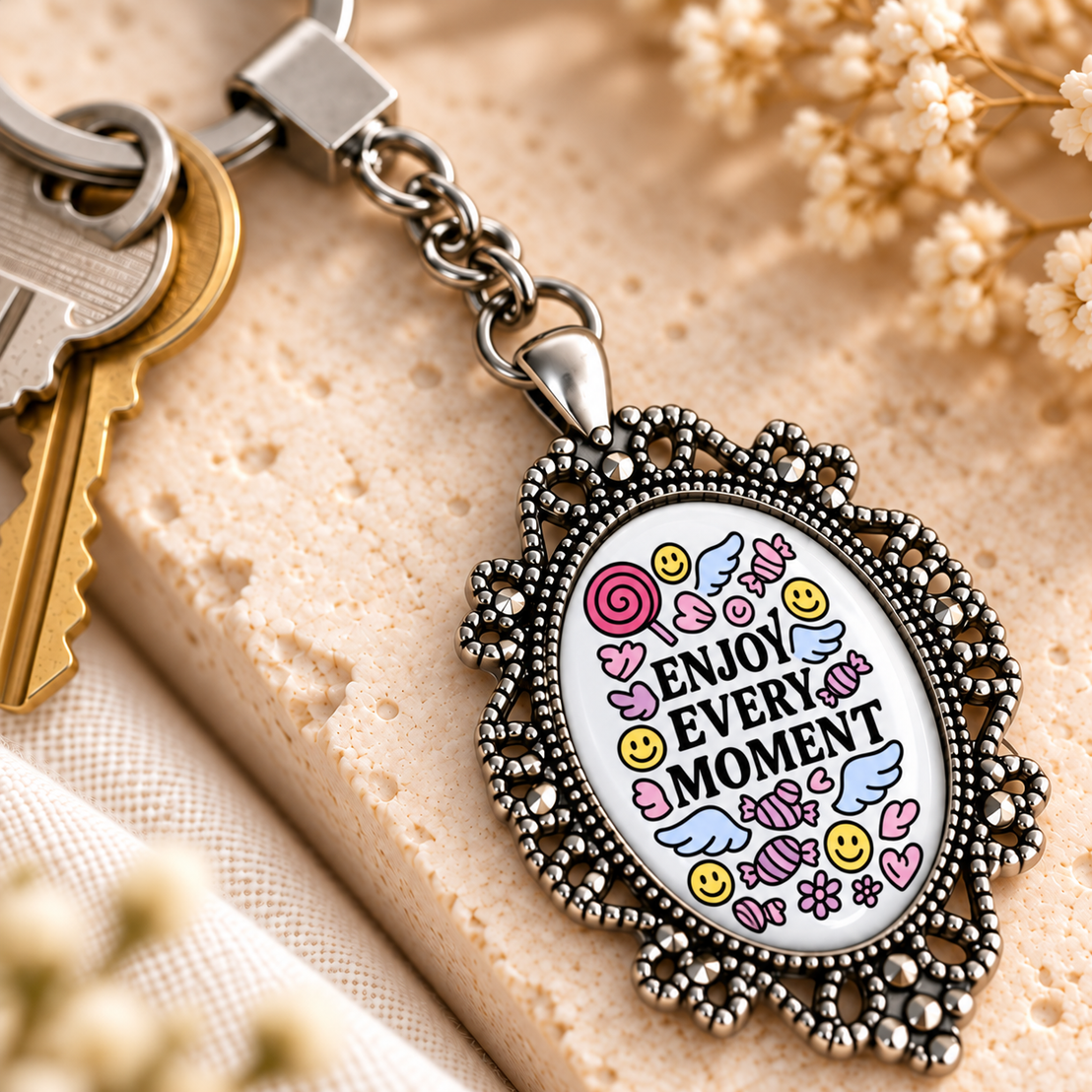 Motivational Doodle Glass Dome Keychain | Ornate Oval Metal Frame