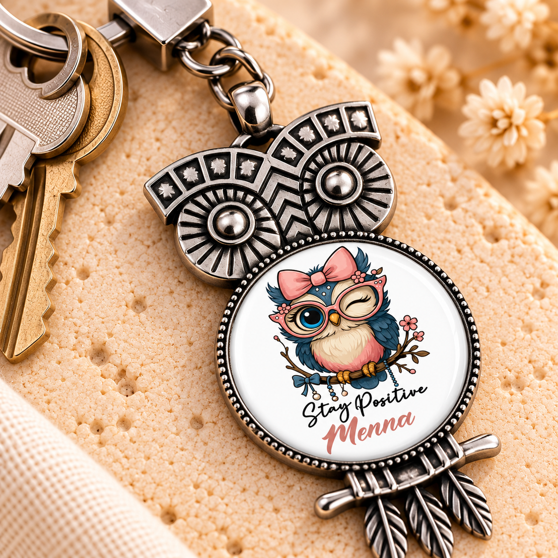 Retro Owl Glass Dome Keychain | Decorative Metal Frame