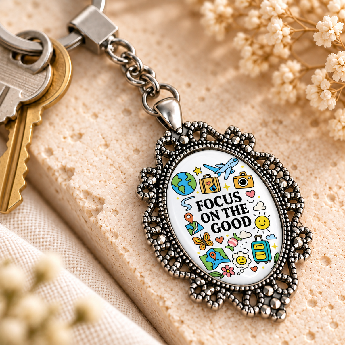 Motivational Doodle Glass Dome Keychain | Ornate Oval Metal Frame
