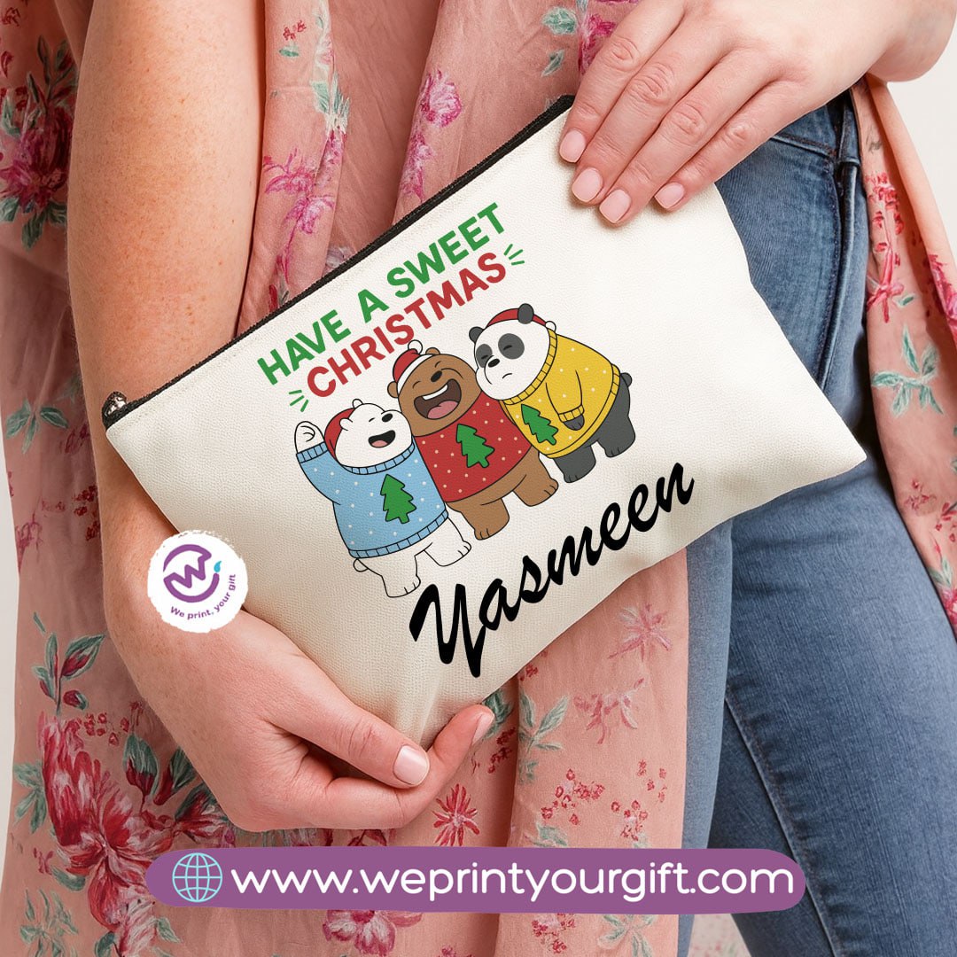 Cute Christmas Bears Makeup Bag & Pencil Case – Festive Cotton Pouch