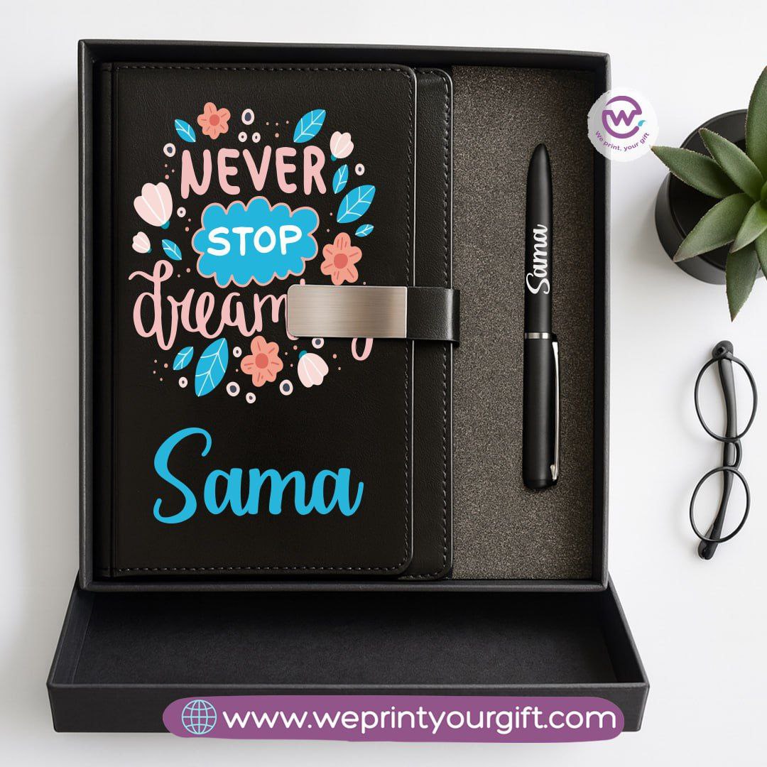 Motivational Personalized Gift Box – Custom Name Leather Notebook & Engraved Pen