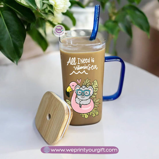 iced coffee cup -Glass cup with straw- Summer