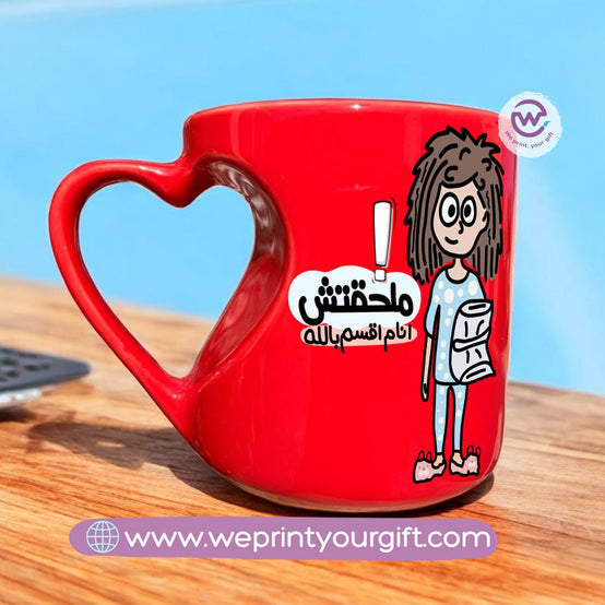 Red ceramic mug- Heart handle- Comic