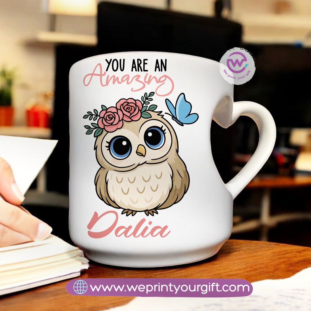 Personalized mug- Heart handle mug- Owl