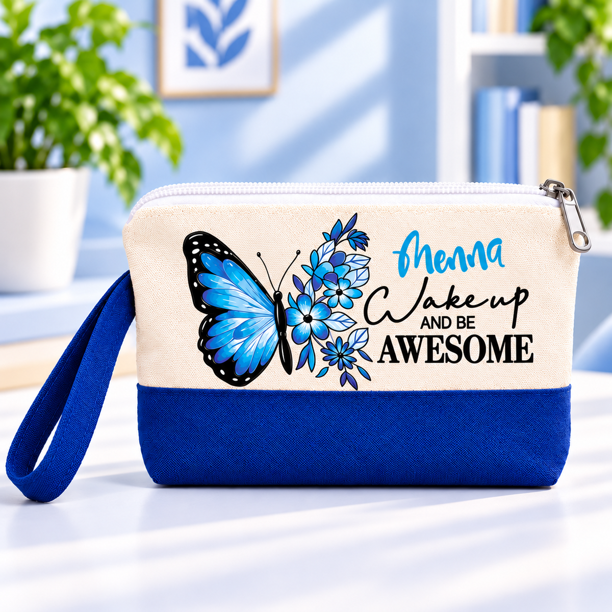 Butterfly Elegance Two-Tone Canvas Pencil Case & Makeup Pouch | With Side Handle