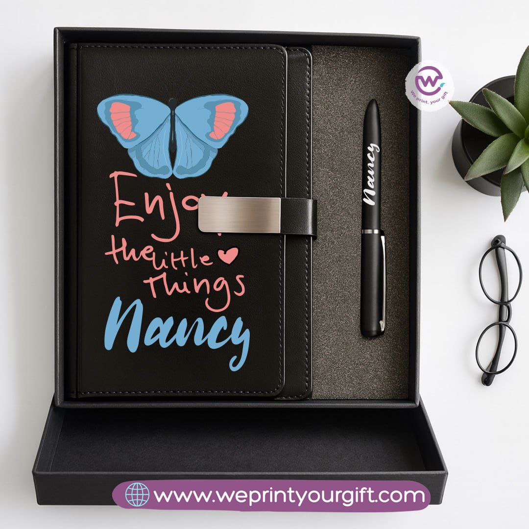 Personalized Leather Notebook & Engraved Pen Gift Box – Motivational Design with Name