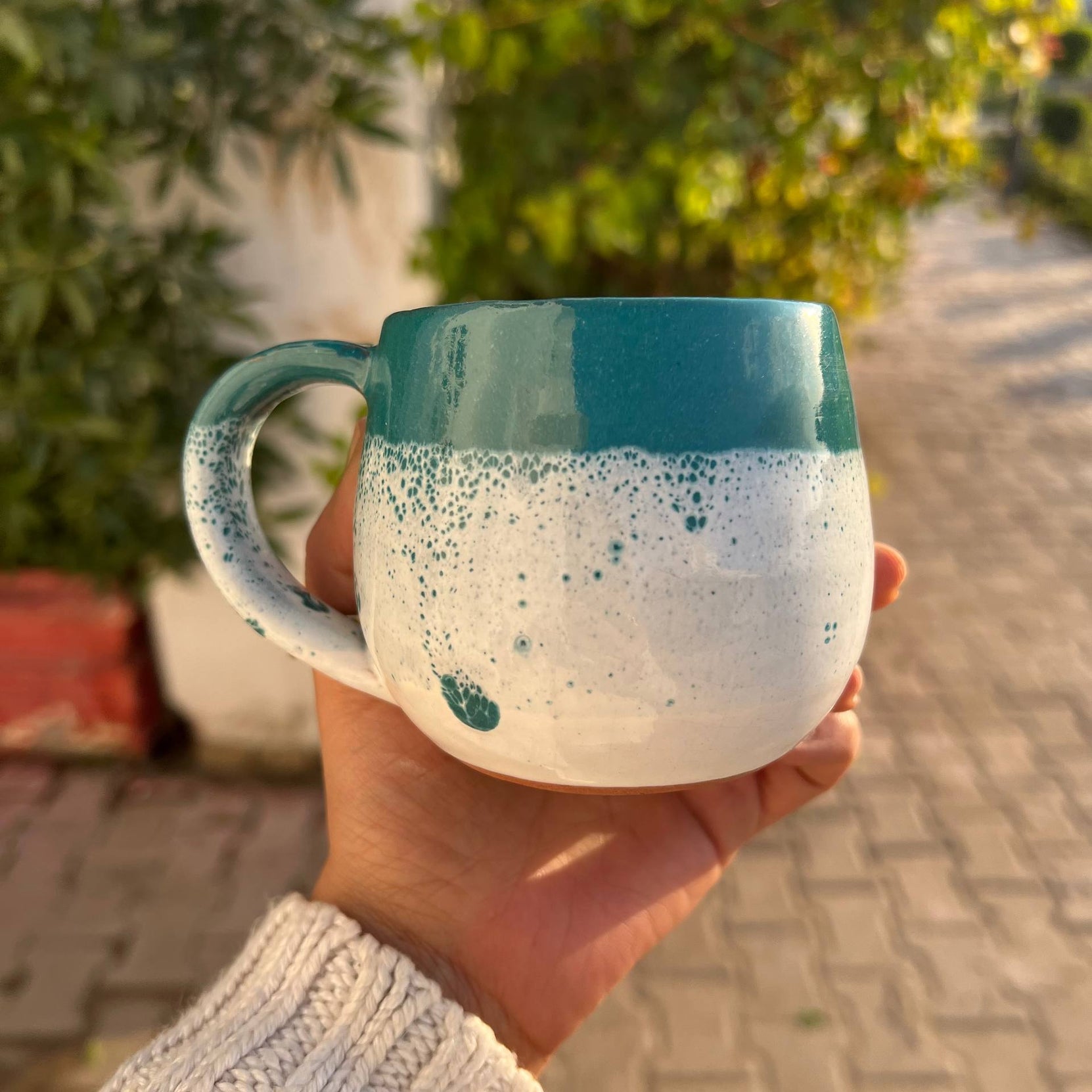 Green & White Handmade Pottery Mug - Customization Options