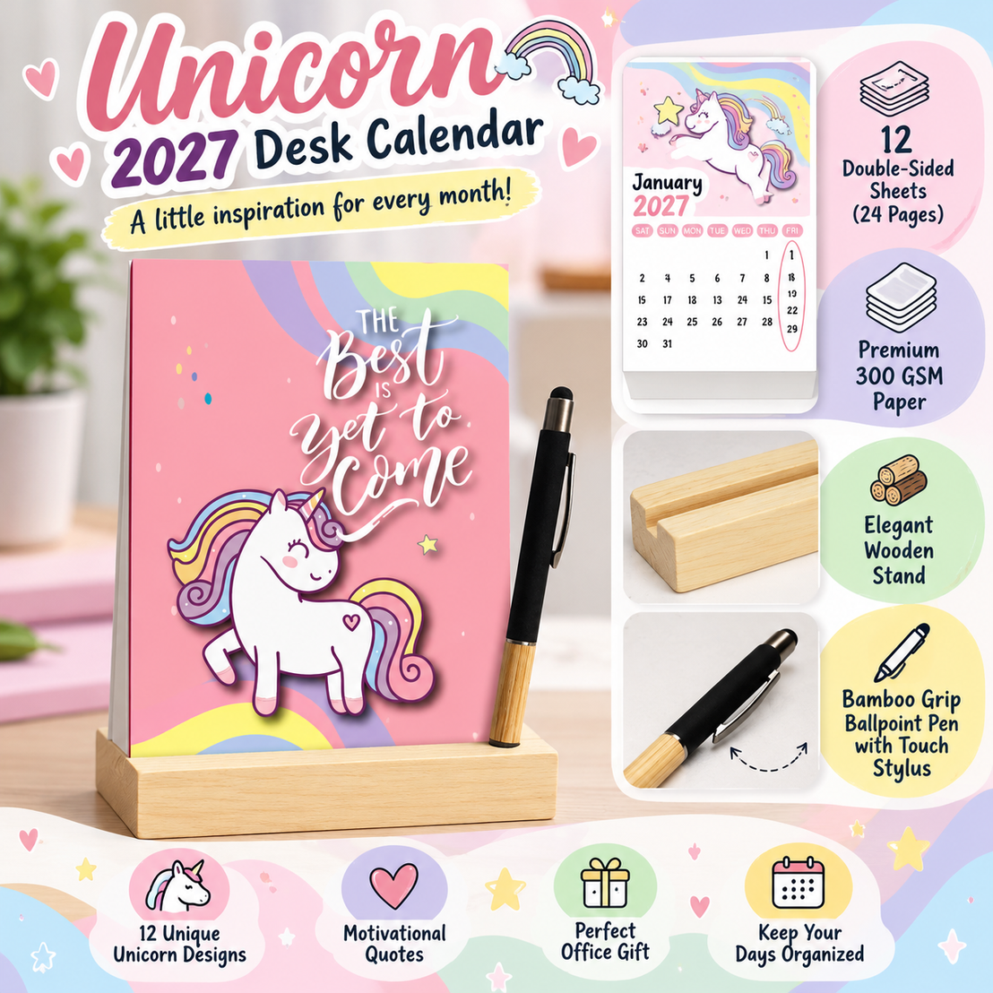 Magical Unicorn 2027 Desk Calendar with Wooden Stand & Bamboo Stylus Pen – Pastel Rainbow Collection