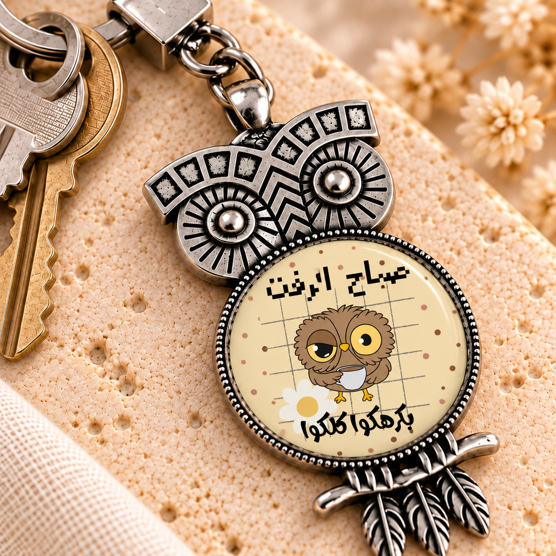 Cute Owl Glass Dome Metal Keychain | Ornate Frame