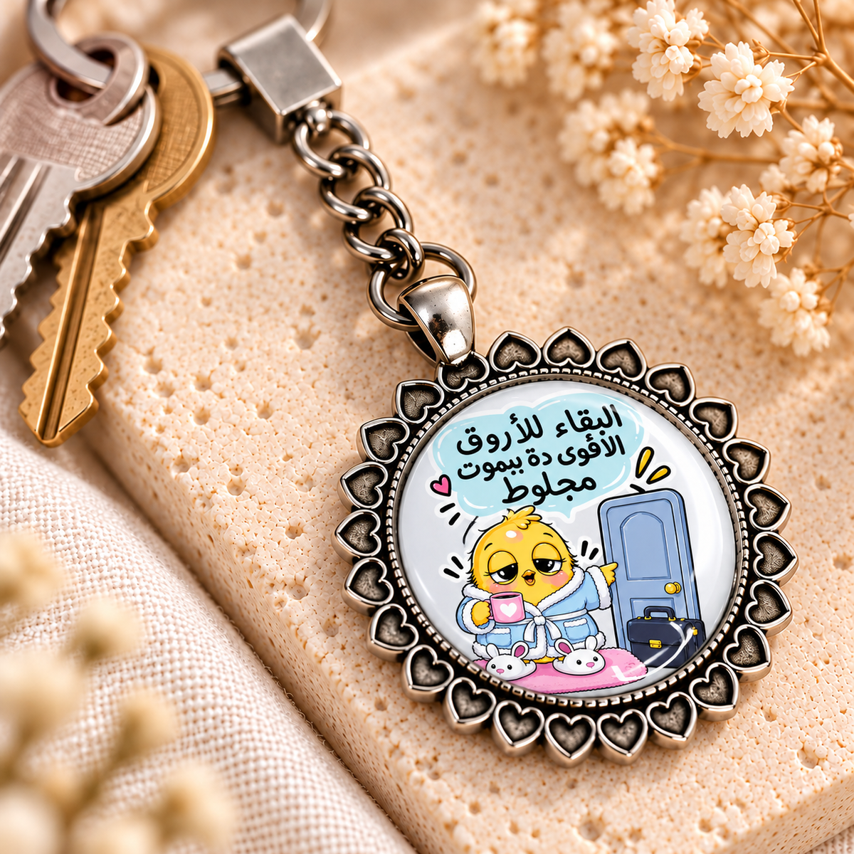 Funny Work Chick Glass Dome Keychain | Ornate Heart Border Frame