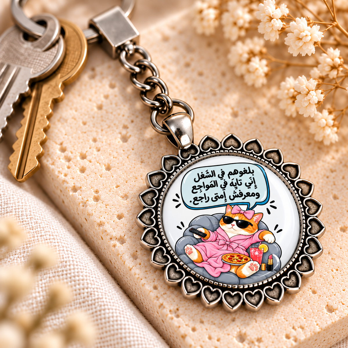 Naughty Cat Comic Glass Dome Keychain | Ornate Heart Border Frame