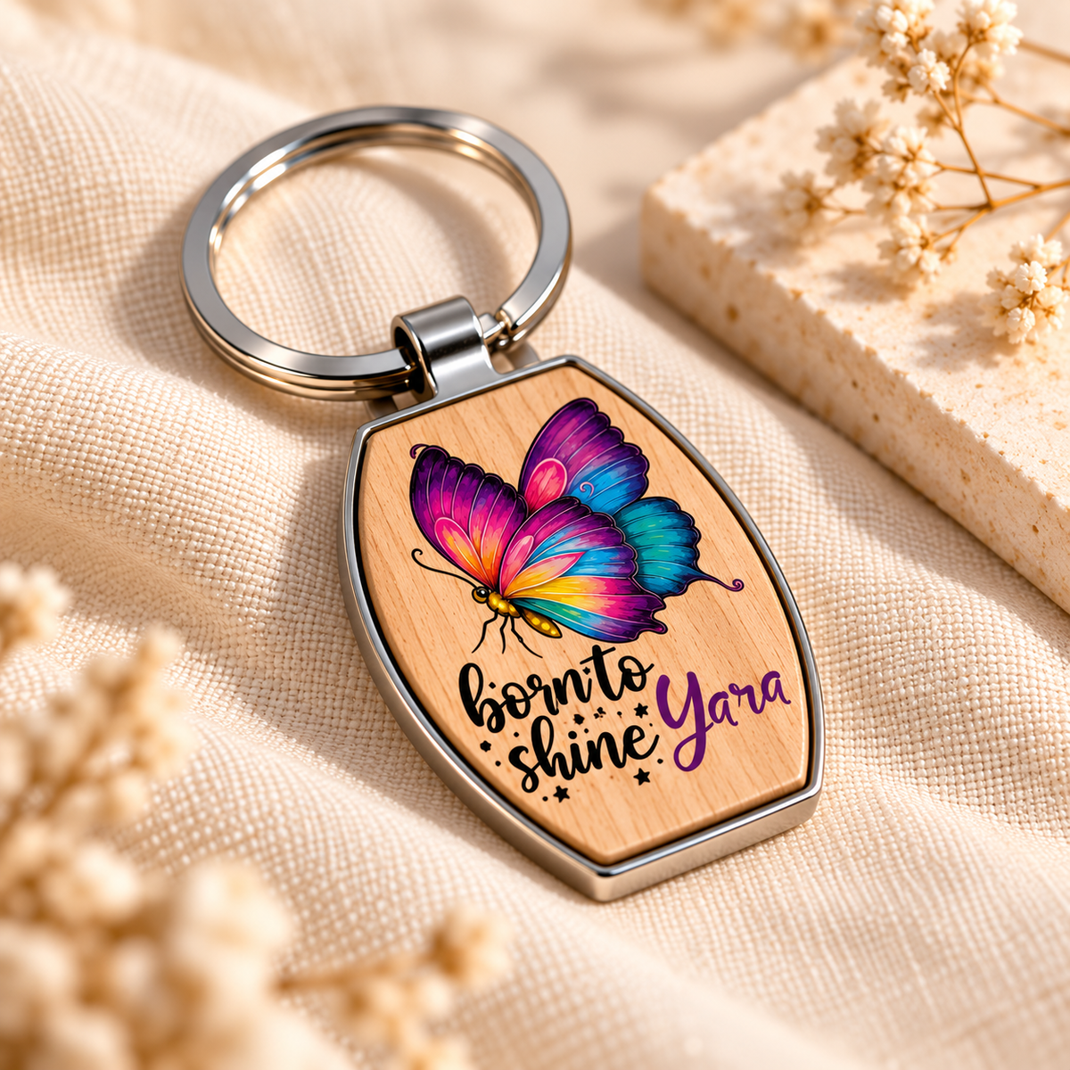 Butterfly Wood & Metal Key Fob – Raised UV Printed Artwork