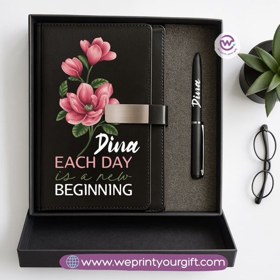 Personalized Leather Notebook & Engraved Pen Gift Box – Motivational Design with Name