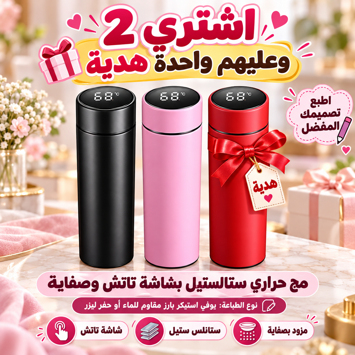 ترمس رقمي من الفولاذ المقاوم للصدأ مع شاشة تعمل باللمس - طباعة ملصق - اشترِ 2 واحصل على 1 مجانًا