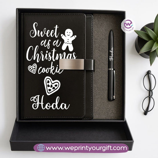 Festive Holiday Leather Gift Set – Custom Name Notebook & Pen