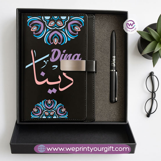 Mandala Personalized Gift Box – Custom Name Leather Notebook & Engraved Pen Set