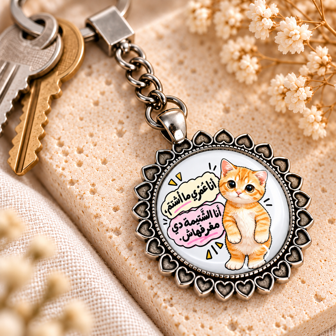 Naughty Cat Comic Glass Dome Keychain | Ornate Heart Border Frame