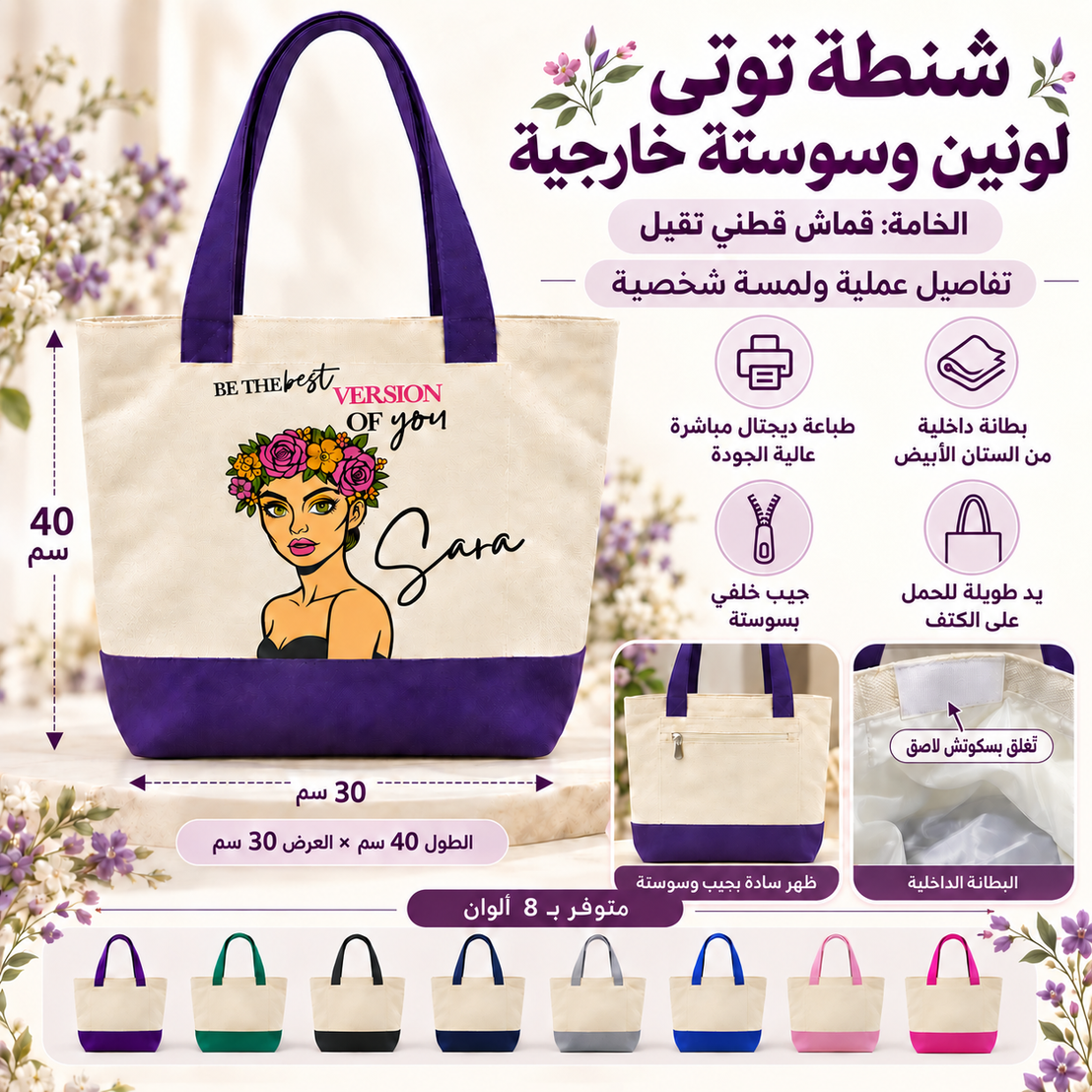 Canvas Tote Bag | Two-Tone with Zipper Pocket - Customization Options