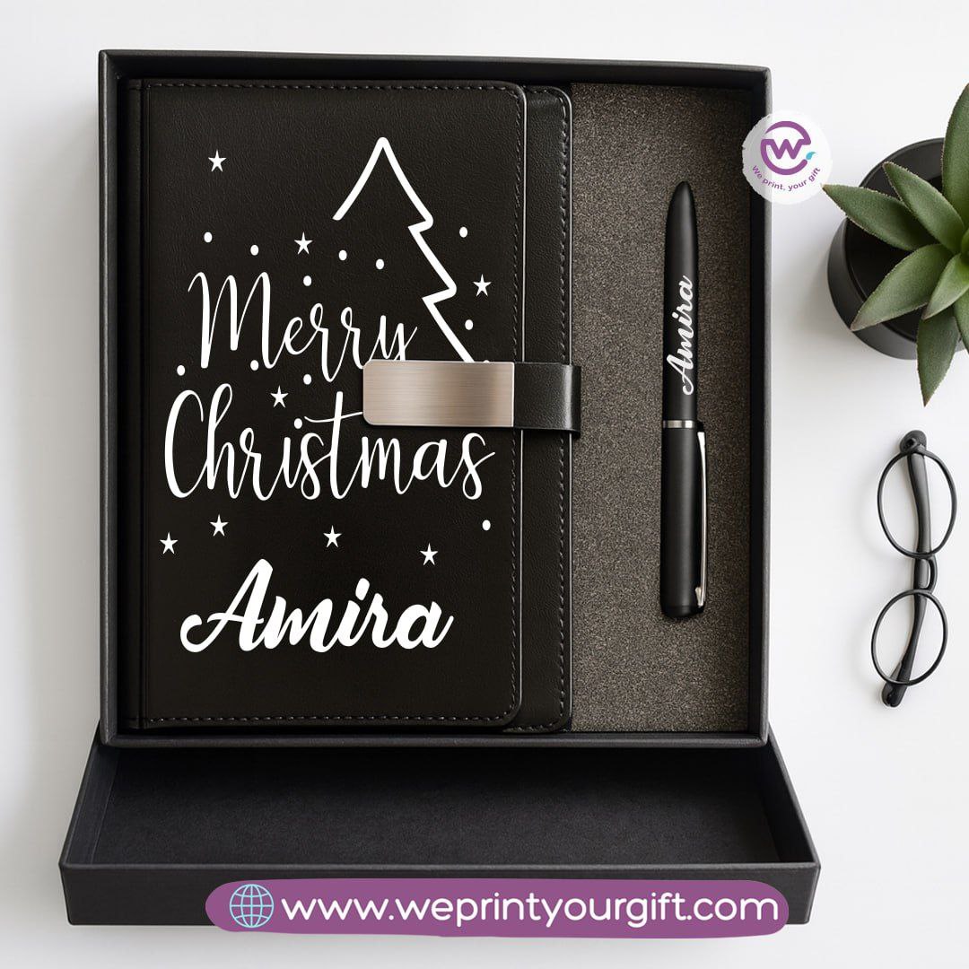 Festive Holiday Leather Gift Set – Custom Name Notebook & Pen