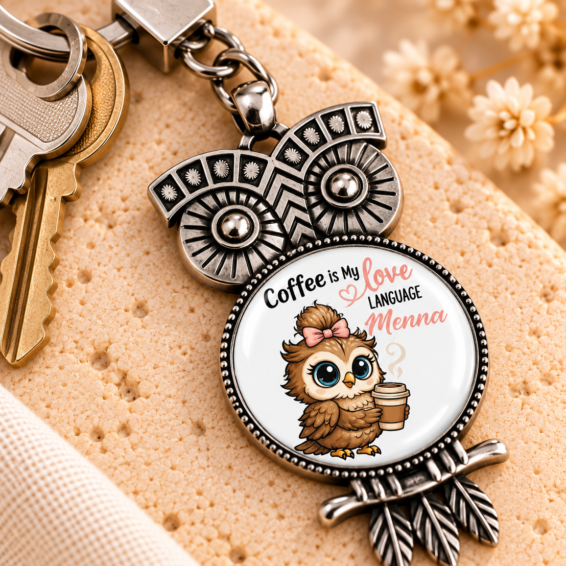 Retro Owl Glass Dome Keychain | Decorative Metal Frame