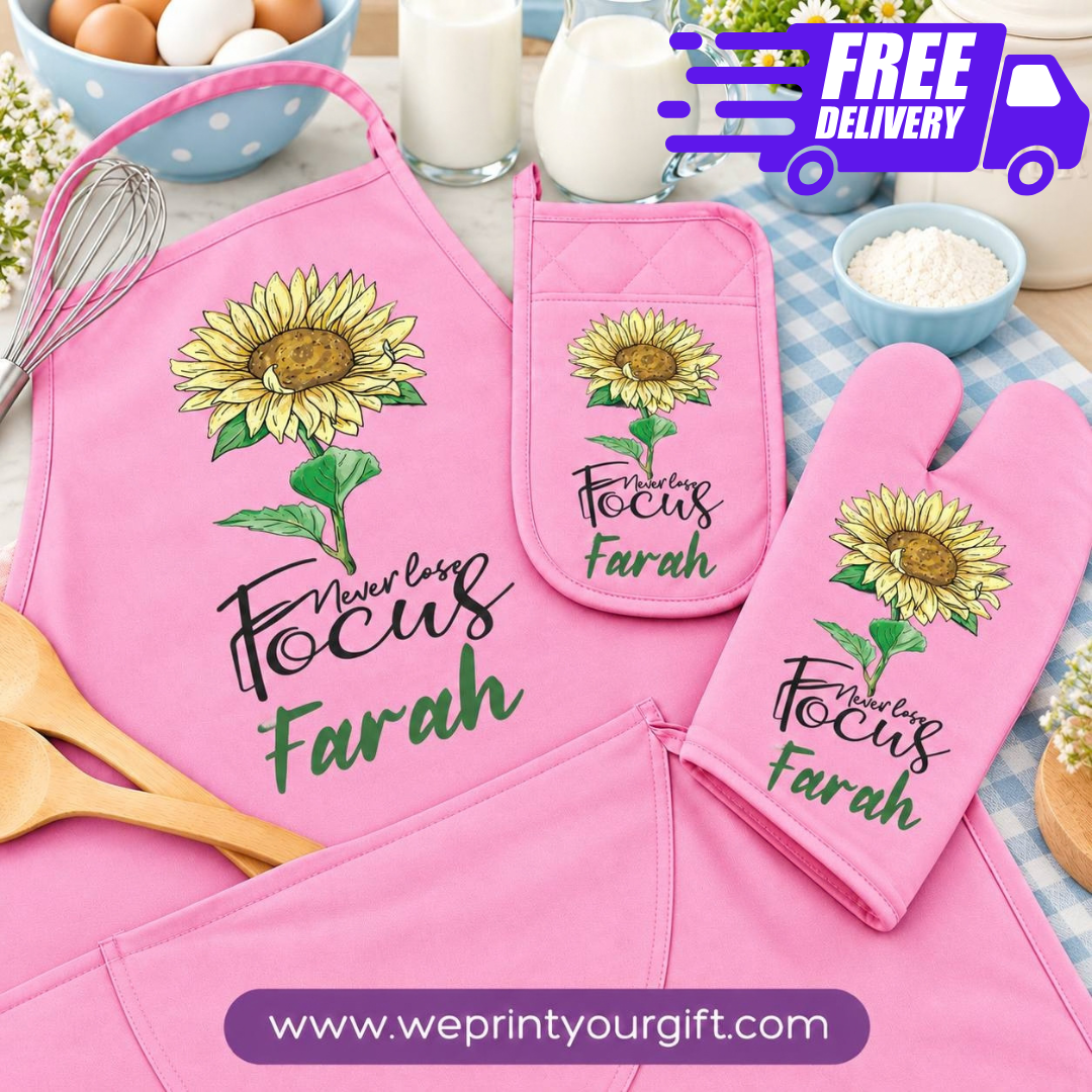 Personalized Name & Motivational Quote 3-Piece Kitchen Set (Apron, Oven Mitt & Pot Holder) + Optional Chef Hat