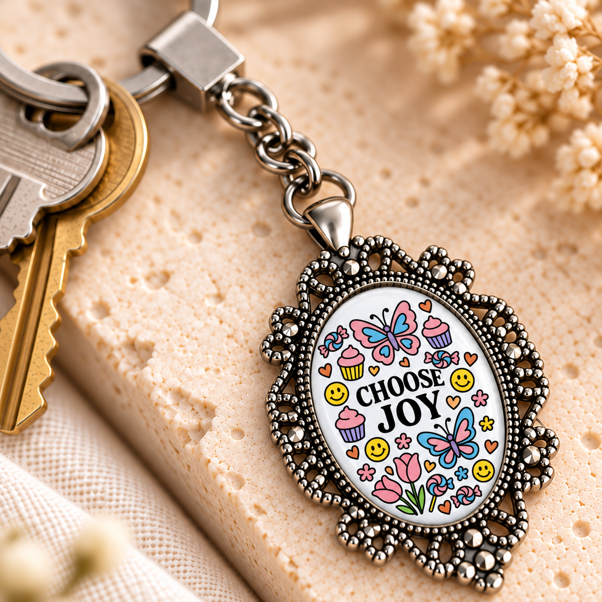 Motivational Doodle Glass Dome Keychain | Ornate Oval Metal Frame
