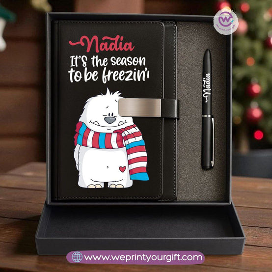 صندوق هدايا جلدي لعيد الميلاد - دفتر ملاحظات شخصي وقلم محفور