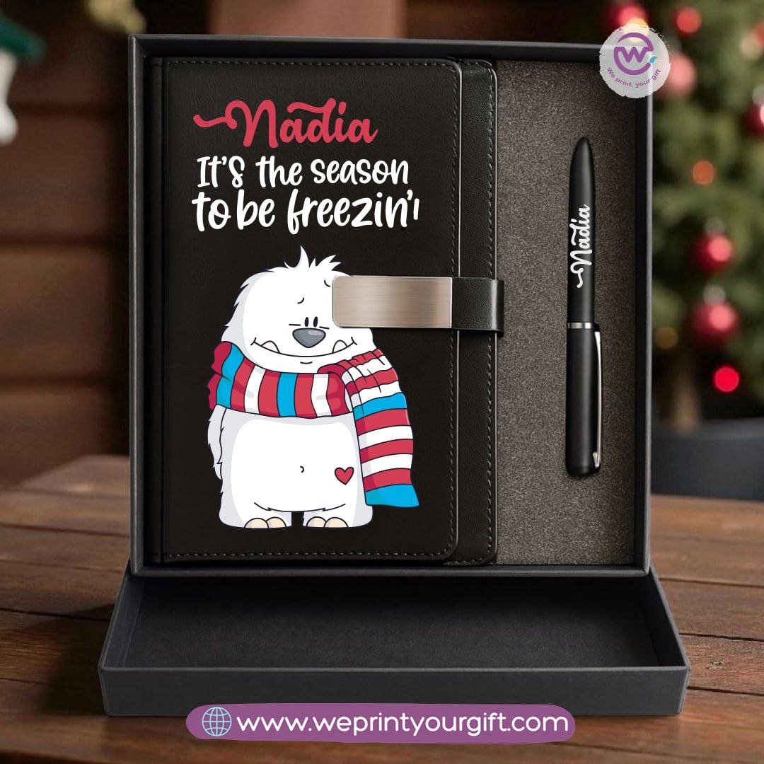 صندوق هدايا جلدي لعيد الميلاد - دفتر ملاحظات شخصي وقلم محفور