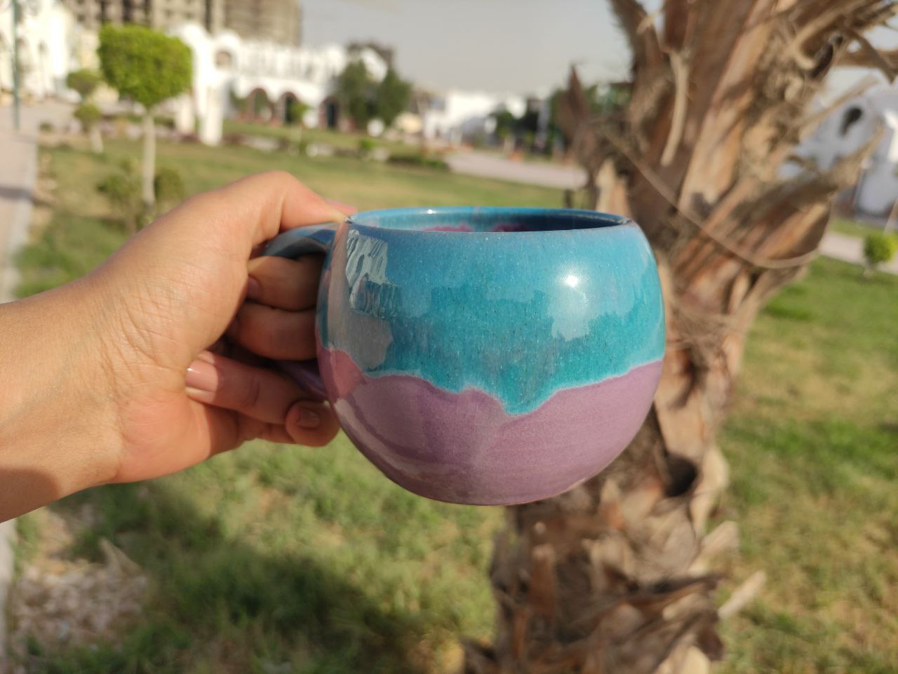 Turquoise & Purple Handmade Pottery Mug – 350 ml - Customization Options